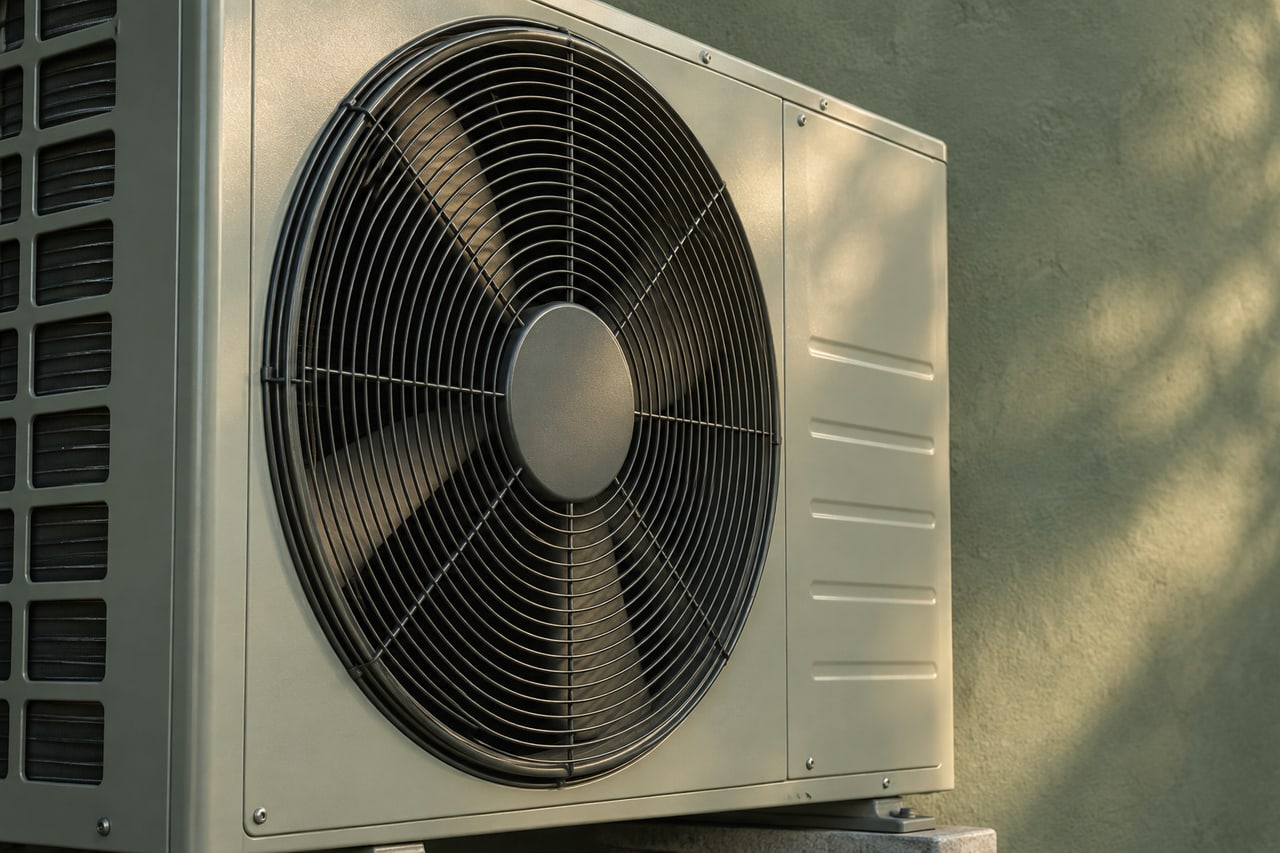 Imagem ilustrativa de ventilador e grade de uma condensadora genérica em tons de verde mineral